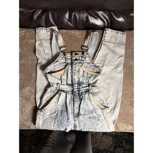 Vintage GET USED by BLUE Denim Overalls Sz 8 Acid Wash Gingham Rare Belted Bibs